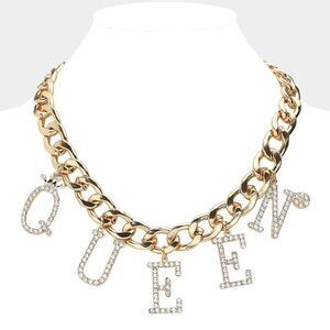 2 for 1 Deal-  Queen Letter Charm Chain Necklace Iced Out Bling Pendant Jewelry